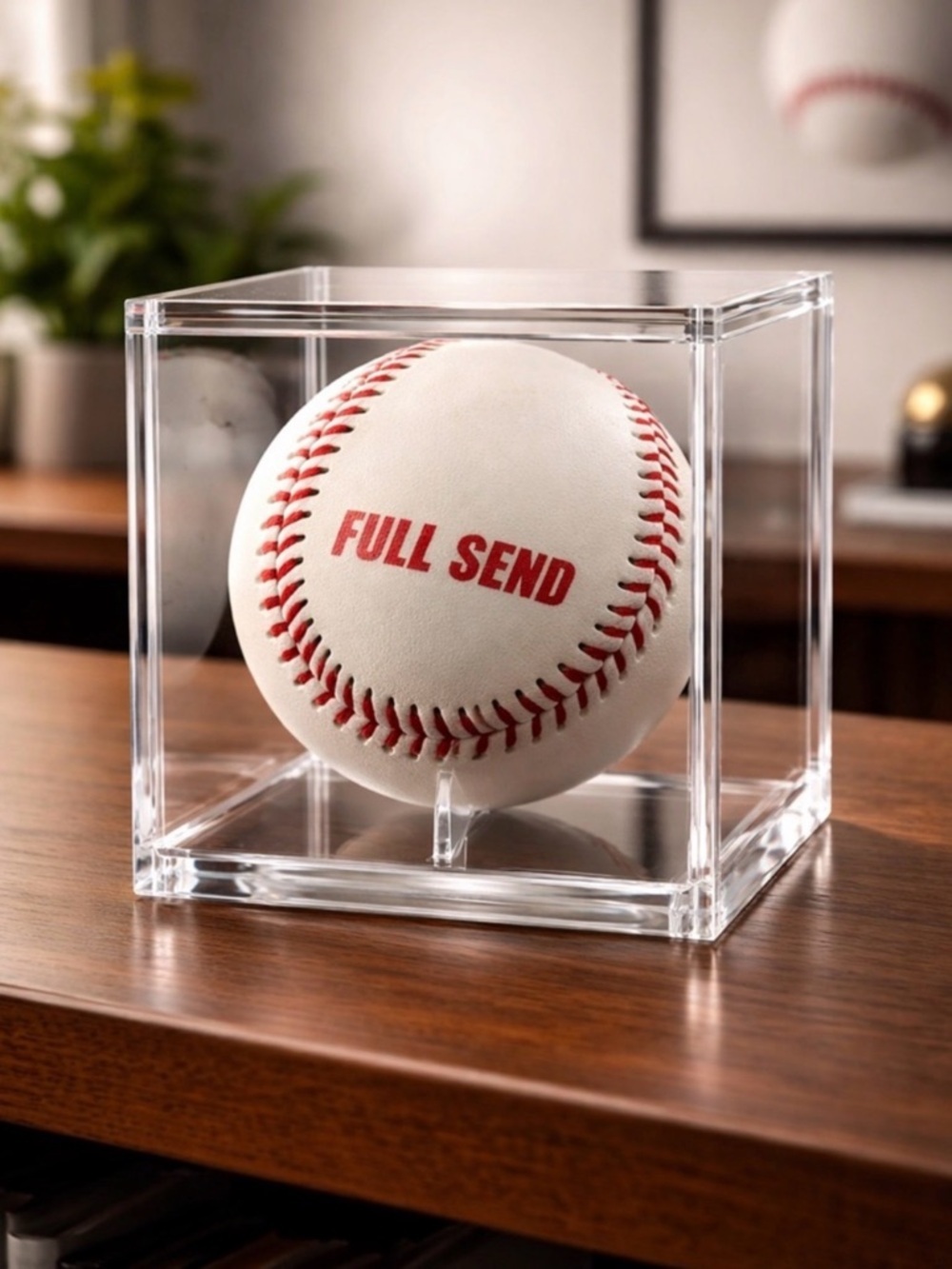 NIB Full Send Authentic Baseball with Protective Display Cube - imprinted in Red